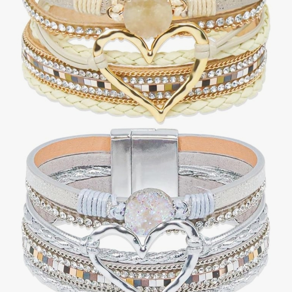Gold and Silver Heart Boho Leather Bracelet
